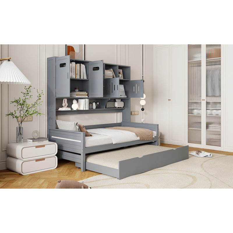 Lit de jour gris simple avec lit gigogne et armoire / tablette - Structure en bois avec cadre élégant et pratique, Lit simple