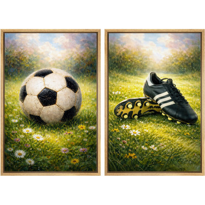 Soccer Ball and Cleats Artwork, Kids Bedroom Pictures, Framed Canvas Giclee Print 2 Pieces Wall Art