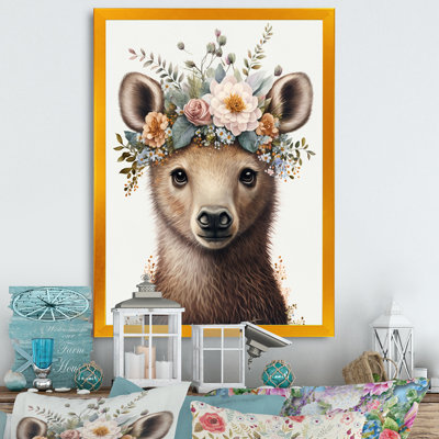 Mignon bébé ours avec couronne florale IV - animaux, art mural sur toile