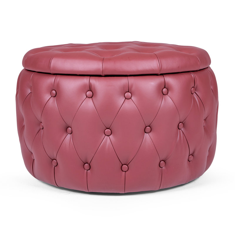 Fully Assembled Round Storage Ottoman with Deep Diamond Tufting and Hidden Storage, Red PU Faux Leather
