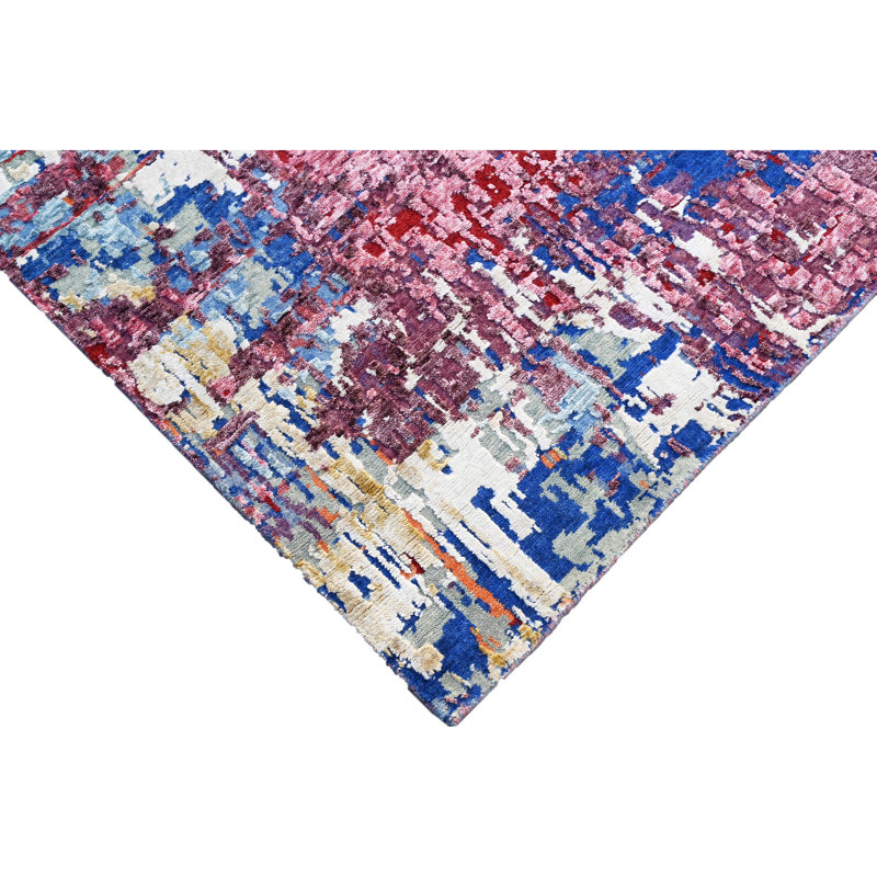 Hand Knotted Abstract Area Rug in Turquoise/Red/Gray/Pink, Rectangle 8' x 10'