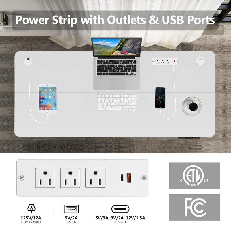Bureau debout électrique à hauteur réglable de 63 po avec 2 ports USB, 3 prises de courant, 4 roulettes et 2 crochets Kashif