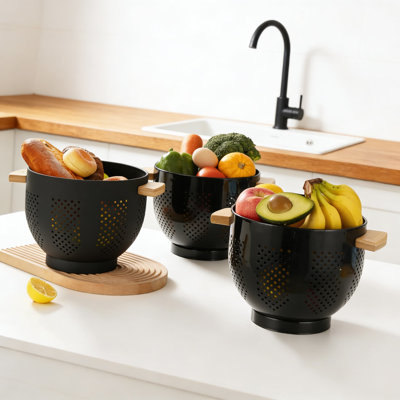 Colander With Wooden Handle And Stable Base, Large Kitchen Strainer Basket For Draining Pasta, Vegetables, And Fruits