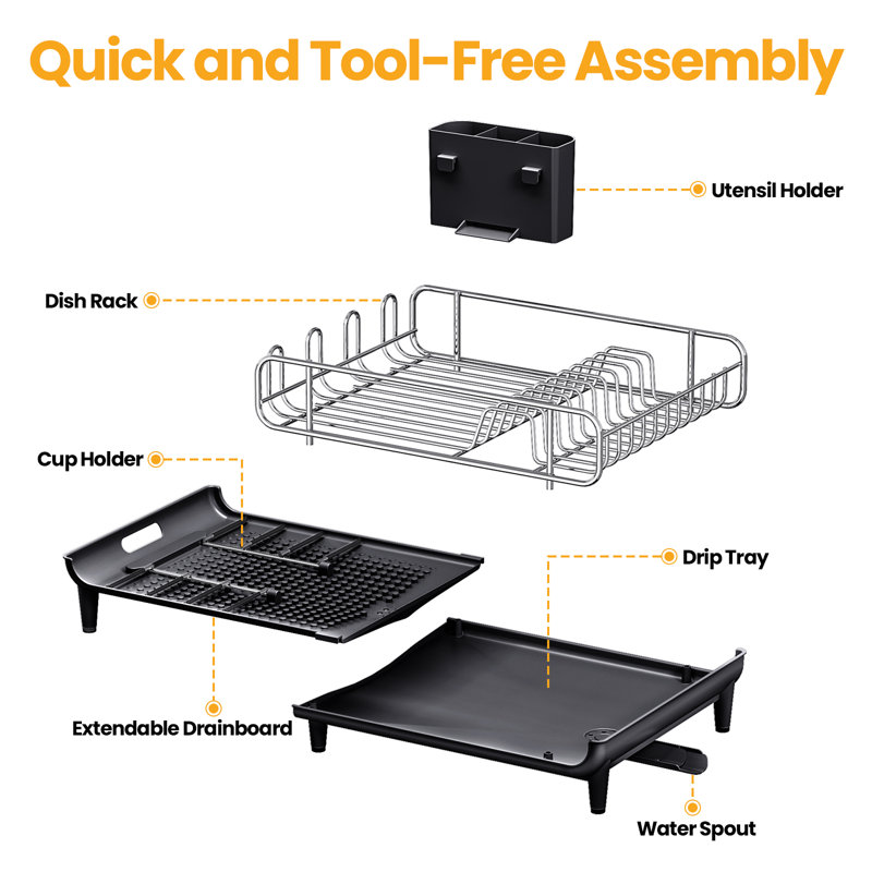 Stainless Steel Kitchen Dish Rack,Expandable Dish Drying Rack,Plate Rack,Extra Large Capacity Dish Drainer, Black