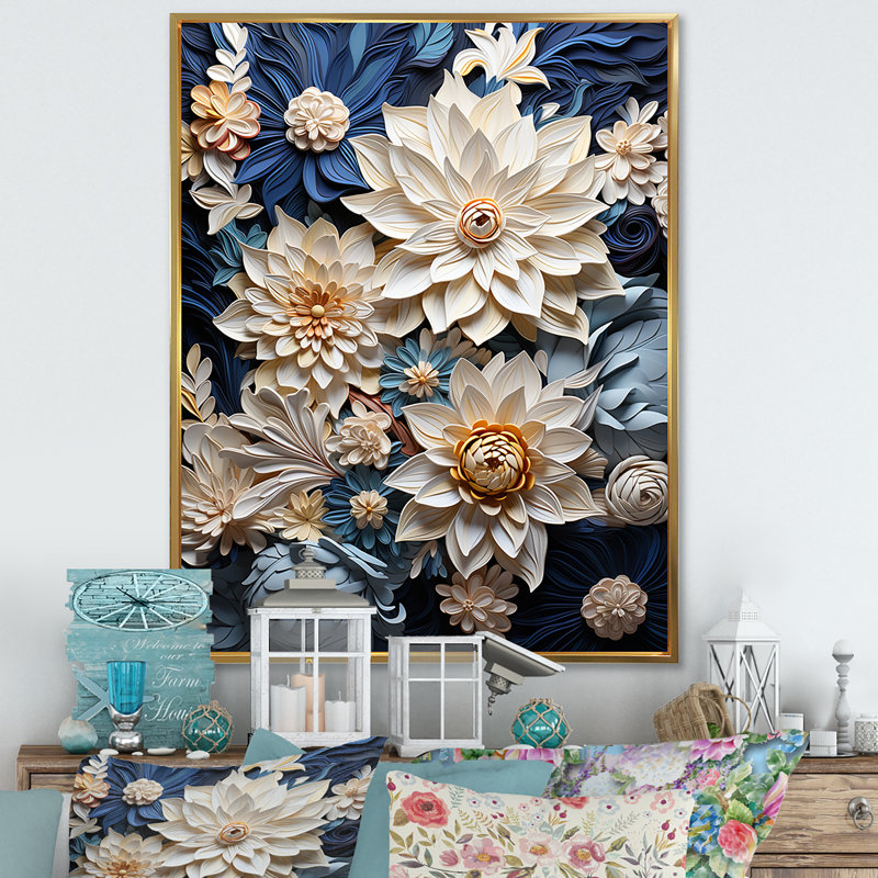 «Paper Mache Flower Blossums Radiance» sur toile, Cadre flottant doré, H 44 po x l 34 po