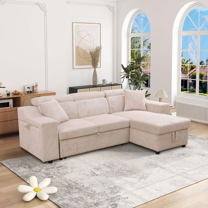 93.3" Corduroy L-Shaped Sectional Sleeper Sofa Couch With Pull Out Bed