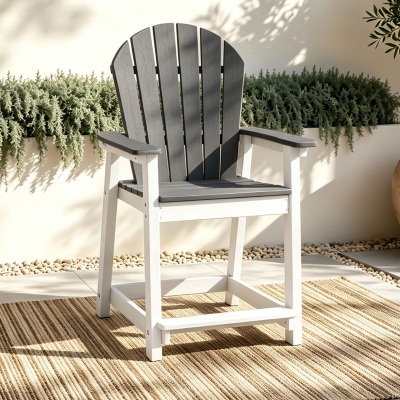 Outdoor HDPE Adirondack Chair, Patio Bar Stool, White/Gray