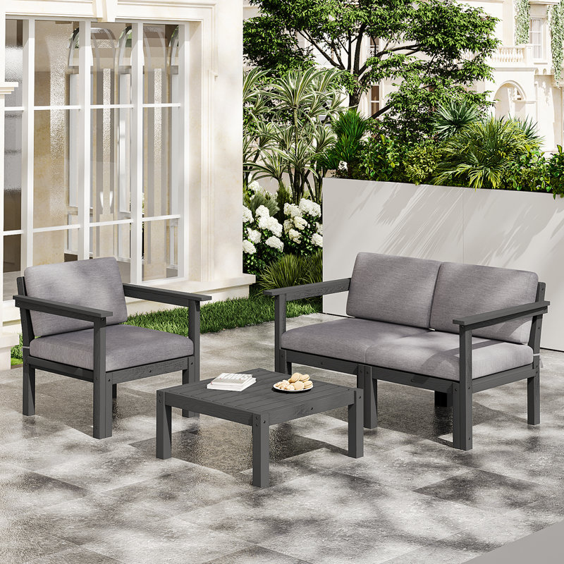 3 - Person Modular Patio Conversation Sets With Cushions, 4-Piece Outdoor All-Weather Waterproof HIPS Sofa Seating Group, Black