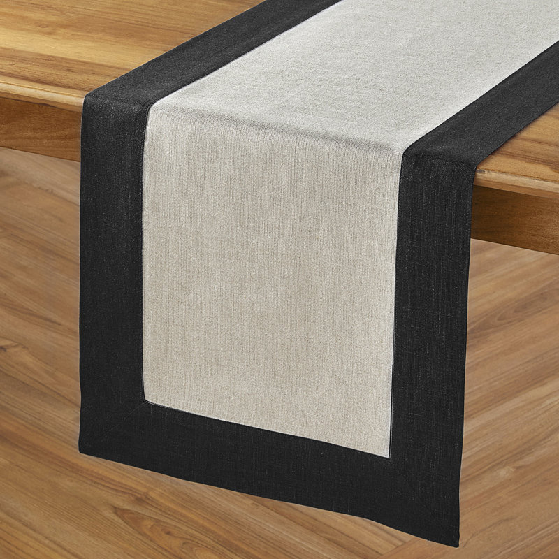 Contempo - 100% Pure Linen Table Runner, 60" x 14", Black/Natural