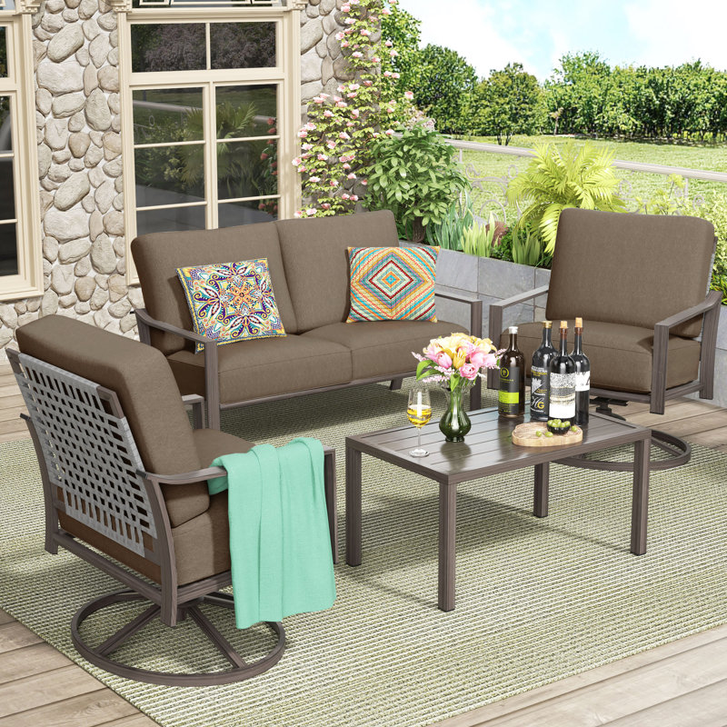 4 Pieces Metal Outdoor Conversation Set With 2 Hand-Woven Rope Swivel Rocking Chairs, Shale Cushion/Brown Frame
