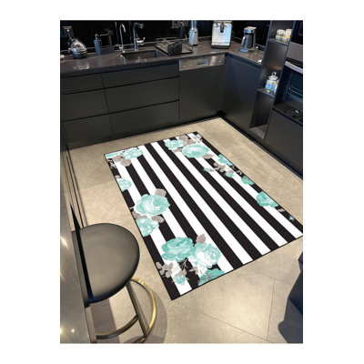 Turquoise Rose Modern Floral Gray Striped Decorative Washable Rug