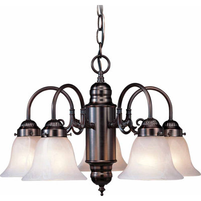  Elizalde 5-Light Indoor Antique Bronze Hanging Chandelier with Alabaster Glass Bell Shades