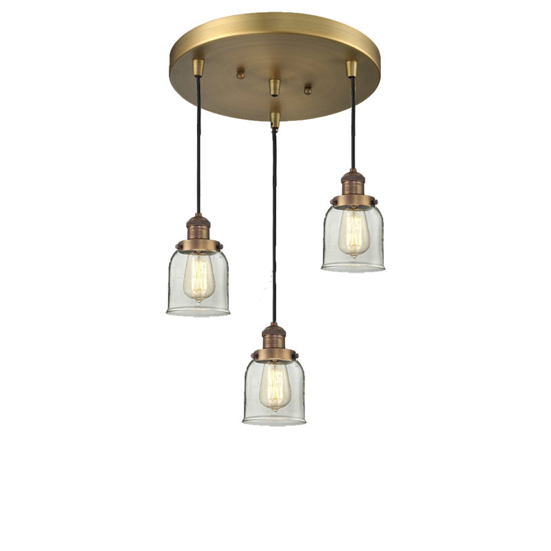 Milbourn 3 - Light Cluster Pendant, Clear Bell, 11" x 11", Black Brushed Brass