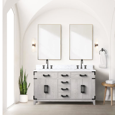 60 po L x P 22 po. Meuble-lavabo double en chêne blanc avec fonction de fermeture en douceur, quatre tiroirs, une tablette ouverte, du bois massif entièrement construit et une unité pour une installation rapide dans une large salle de bain, deux armoires, une tablette