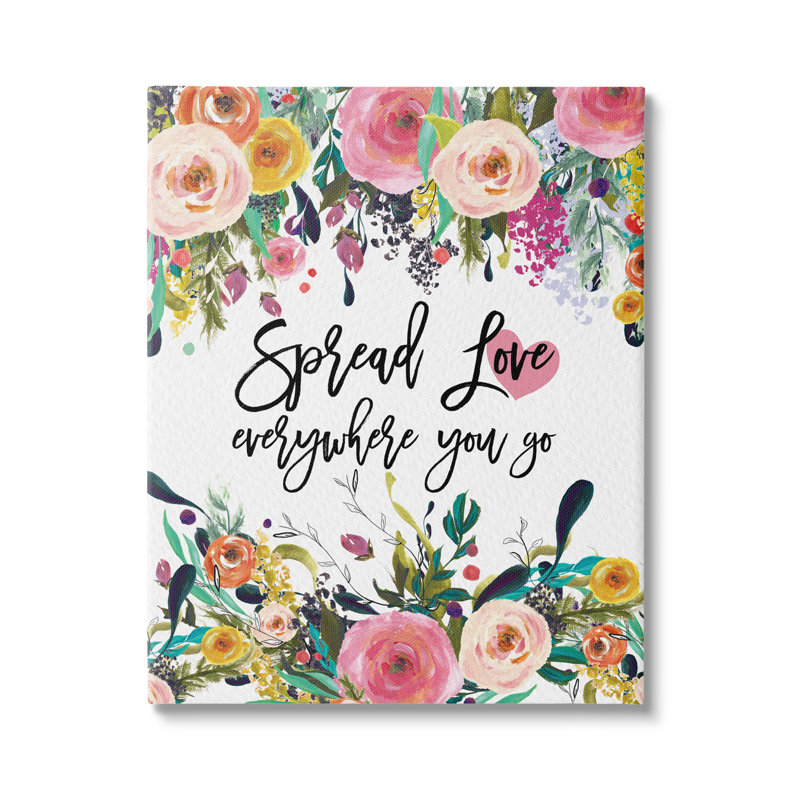 Spread Love, phrase, fleur rose, calligraphie par Amy Brinkman - impression, L 36 po x H 48 po, Toile tendue