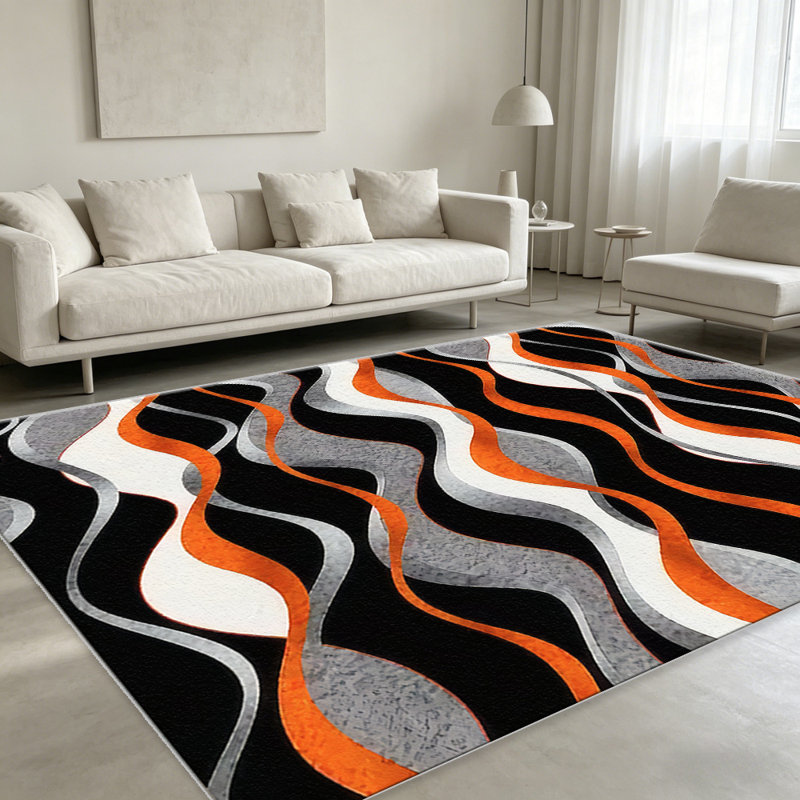 Orange Black Wavy Stripe carpet-easy to clean, machine-washable, soft and comfortable; suitable for door mats, kitchens, living rooms, bedrooms, corridors, and laundry areas. Easy to clean, durable carpet for home decoration.