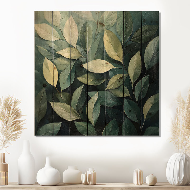 Olive Green Leaves Foliage Collage I - Leaves  Wood Wall Art - On Natural Pine Wood, 36" H x 36" W x 0.78" D