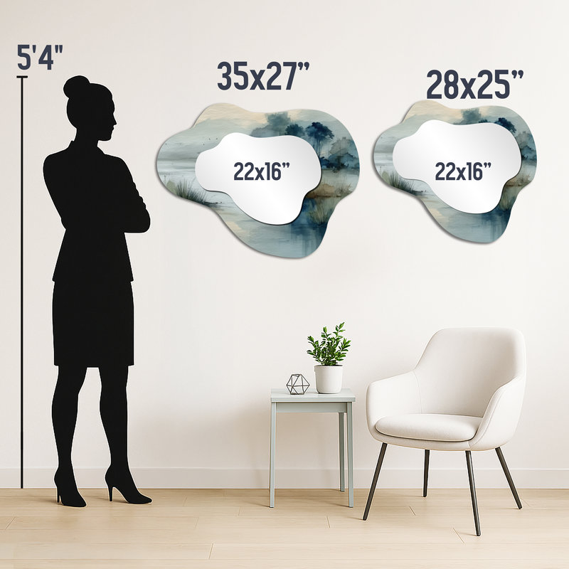 Miroir d'appoint rustique en forme de nuage - bleu et gris brumeux Morning River Run II, imprimé sur métal, 27 po x 35 po