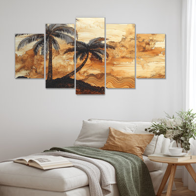Arbre de cuivre avec palmiers sur bois et paysage III - Palmiers - Art mural traditionnel pour salon diamant
