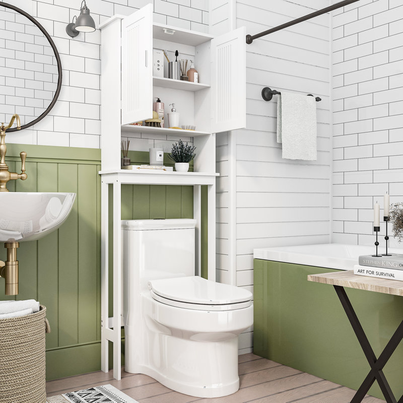 Freestanding Over-the-toilet Storage Cabinet With Magnetic Doors, Adjustable Shelves And Open Shelf, White Bathroom Space Saver