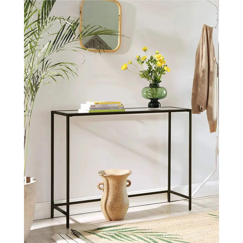 13.8'' Glass Top Console Table, 100cm L x 30cm W x 80cm H, Black, Clear