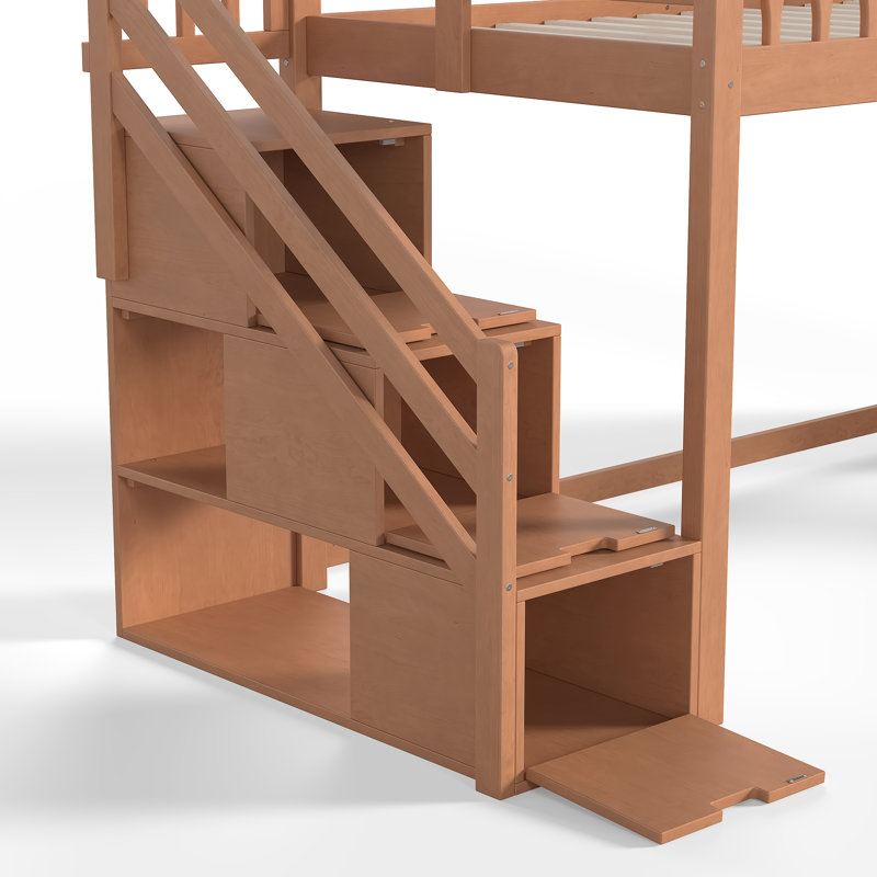 Structure de lit mezzanine avec glissade, escalier de rangement et garde-robe intégrée Haven Kids, Lit simple, Noyer