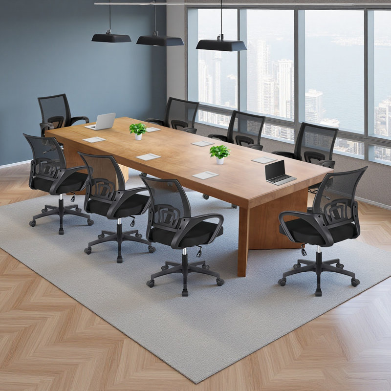 Ensemble de table de conférence moderne en bois massif pour 8 personnes avec chaises de bureau en filet noir