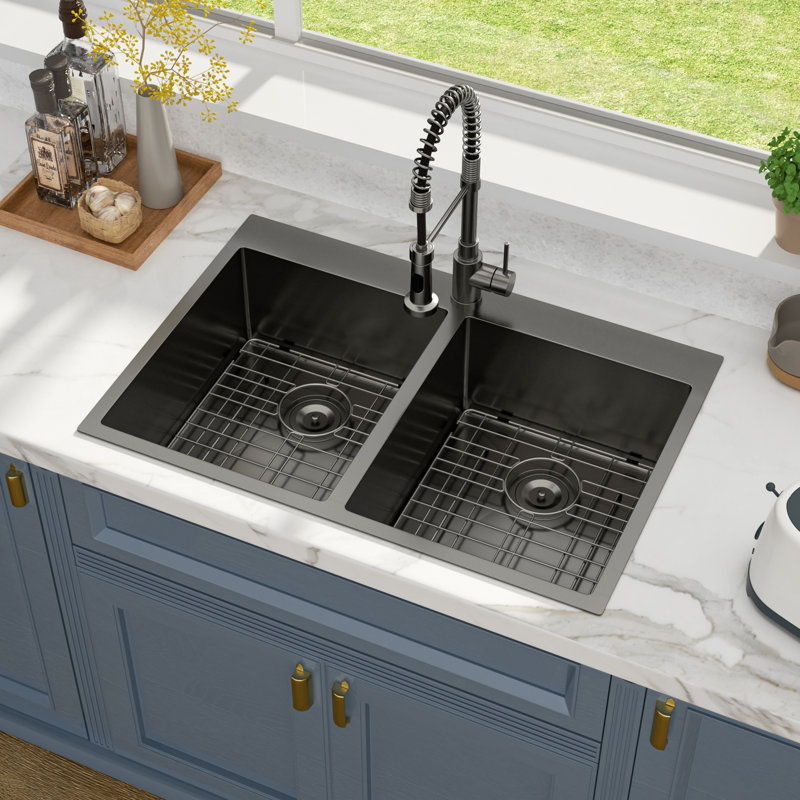 Drop-in Double Bowl Kitchen Sink 16 Gauge Gunmetal Black Sink, Gunmetal Black, 50/50