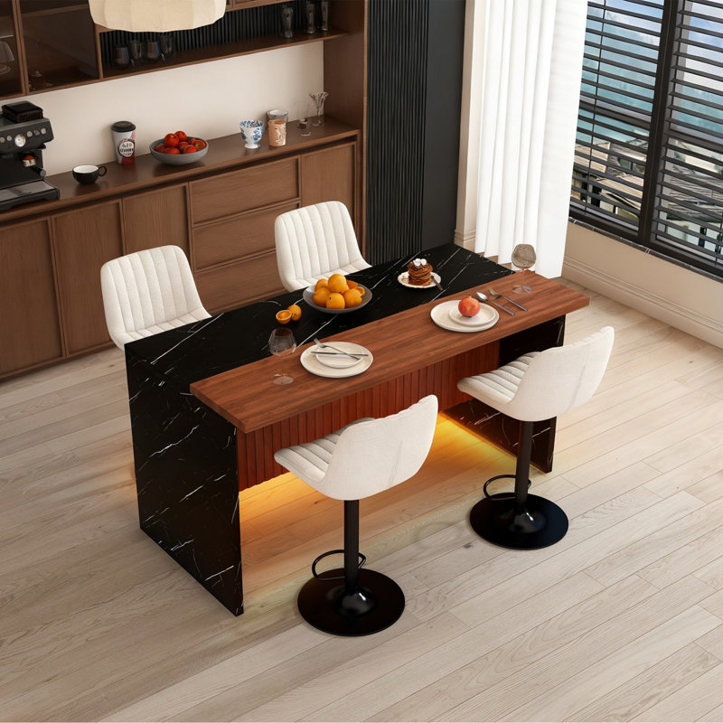 Ensemble de table de salle à manger de style moderne avec 4 tabourets de bar, éclairage à DEL pour la salle à manger, Noir