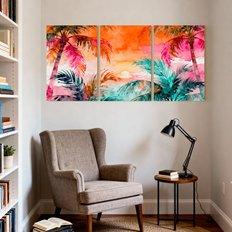 Palmiers, coucher de soleil tropical, palmiers, reflet de l'eau, ensemble de 3 impressions sur toile, H 24 po x l 48 po