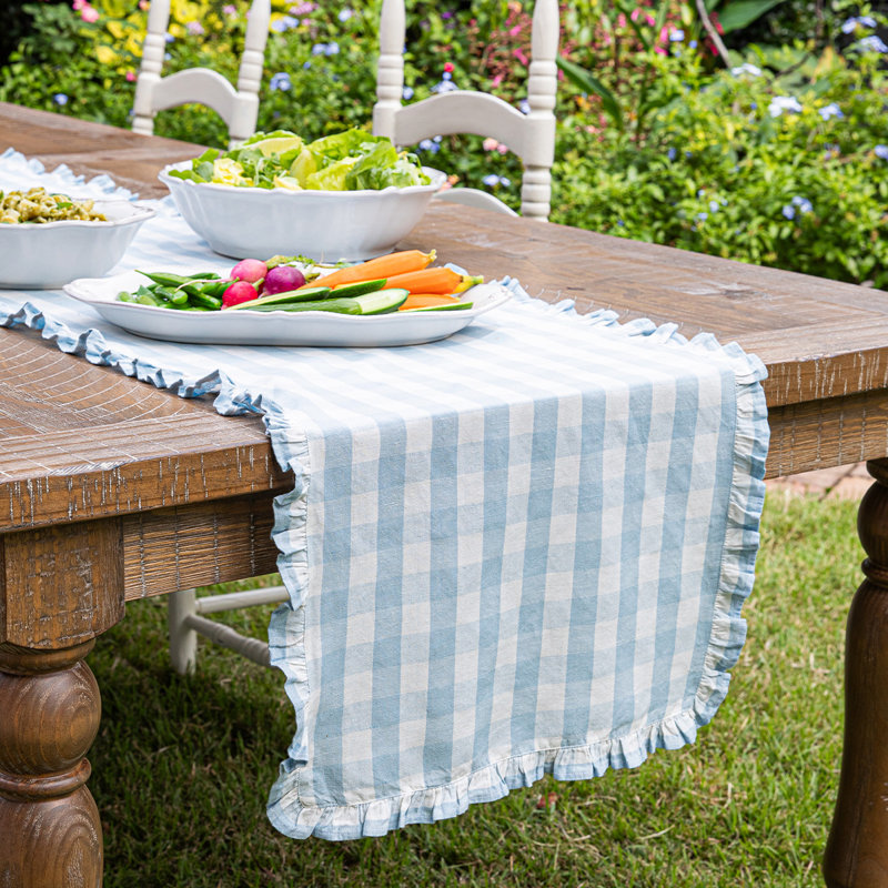 Gingham Ruffle 18" x 90" Table Runner, Ocean, 90" L x 18" W