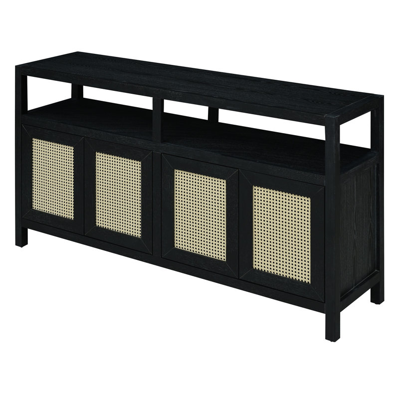 Bohemian Style Rattan Buffet Storage Cabinet With Solid Wood Frame, Black