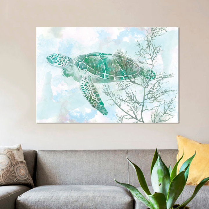 «Watercolor Sea Turtle II», reproduction d'impression sur toile, H 40 po x l 60 po x P 1,5 po, Toile avec cadre noir
