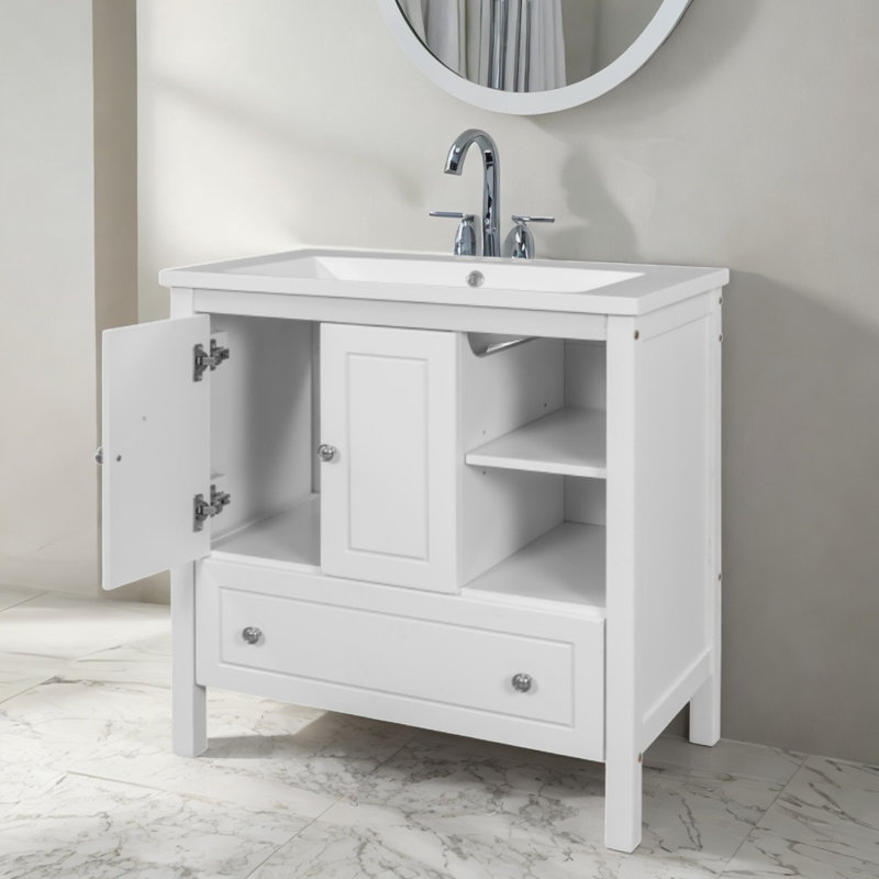 Meuble-lavabo avec lavabo en céramique Hauraa, Blanc