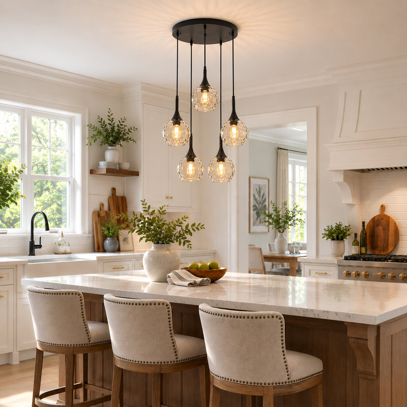 5-Light Cluster Pendant Light With Hammered Amber Glass, Amber