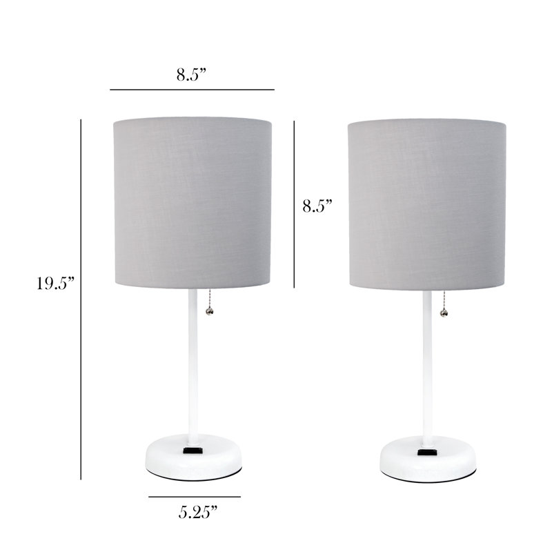 Gray Fabric Shade White Stick Table Lamp Set with Charging Outlet