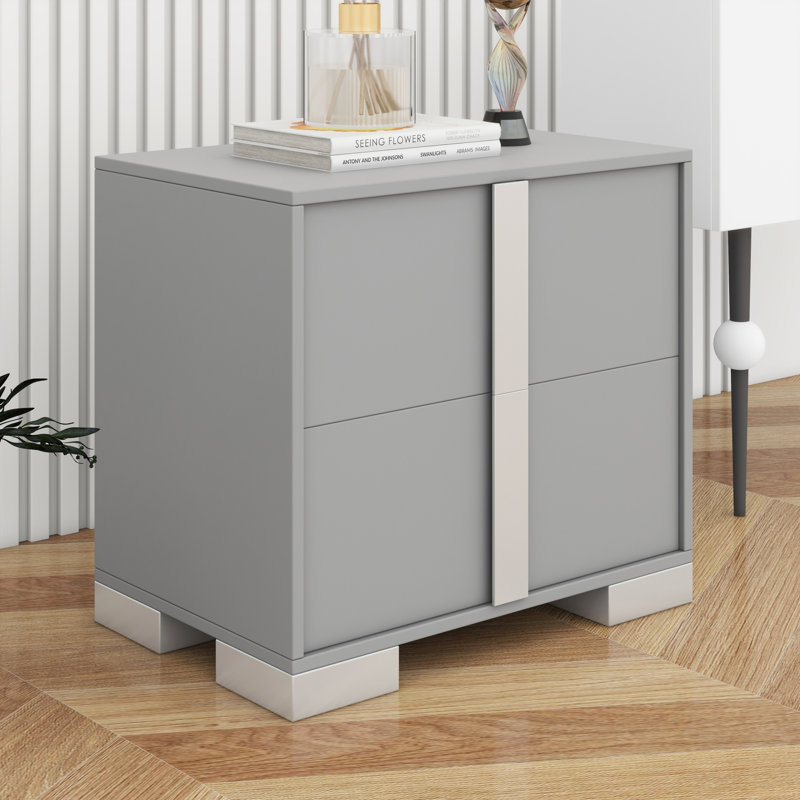 Table de chevet chic avec miroir et 2 tiroirs, table de chevet en métal durable, Gris