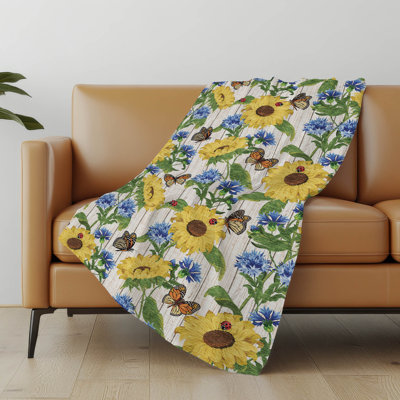 Addison Machine Washable Sherpa Sunflowers and Butterfiles Throw Blanket