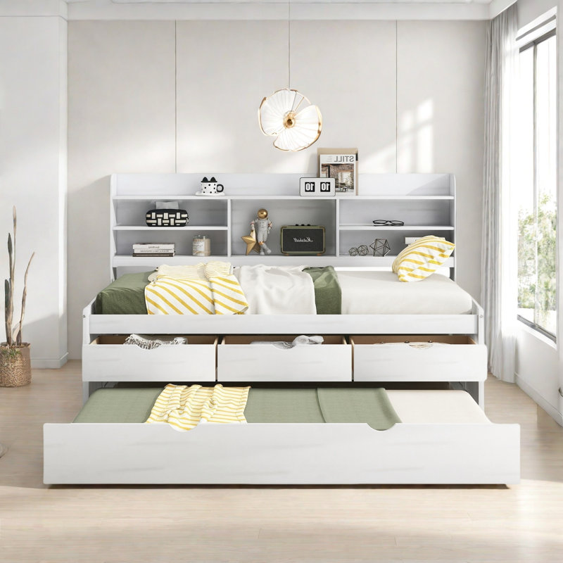 Wooden Daybed With Built-in Bookshelves, 3 Storage Drawers And Trundle, White Wash