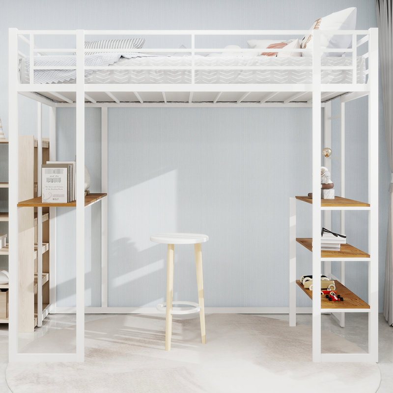 Twin Size White Iron Bed With Built - In Table And Railing, Functional For Bedroom, Stable Structure, Double Supported Legs, Quick Setup L Shaped Desk, Space Saving Wobble , Legs