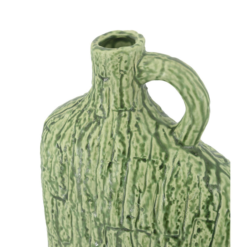 8.5X4X14" Asymmetrical Green Ceramic Vase With Handle And Organic Texture, 13.8" H x 8.5" W x 3.9" D