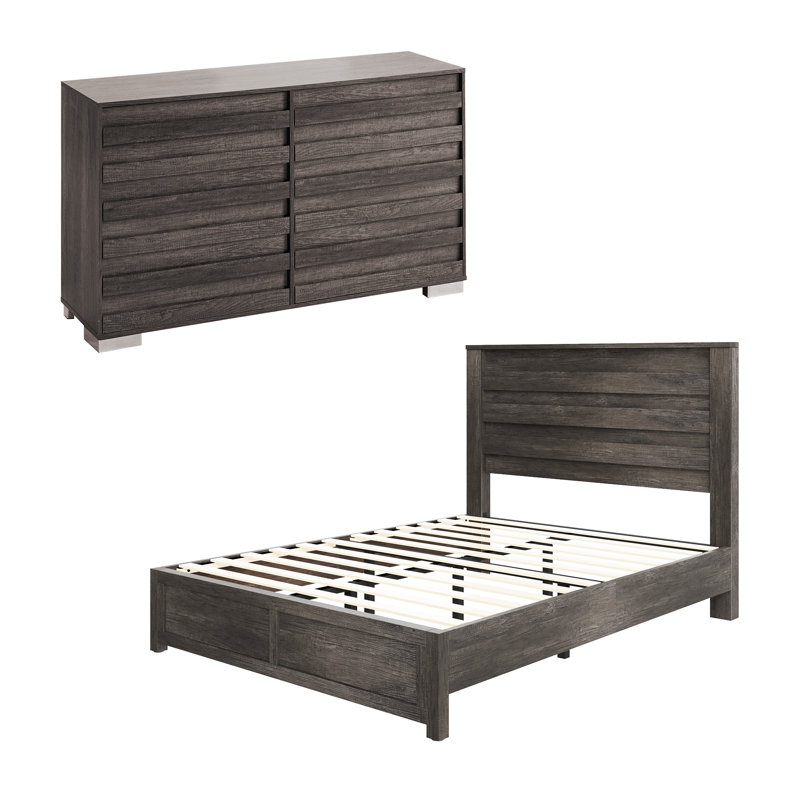  Farmhouse 2 Piece Queen Bedroom Set, Platform Bed And 6 Drawer Dresser, Gray, Gray, Queen