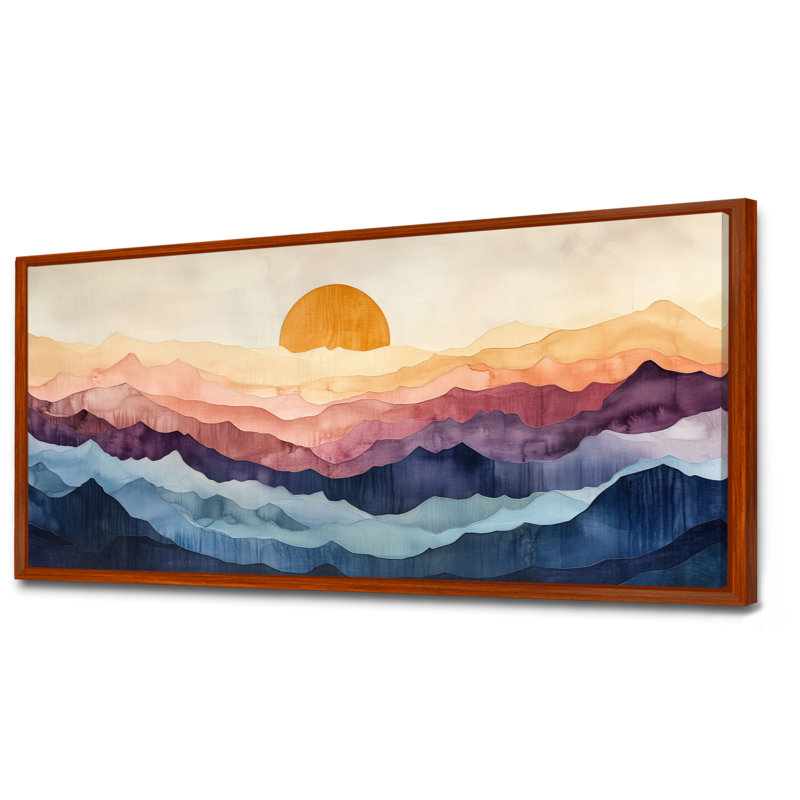 «Beige Blue Abstract Sunset Peaks», reproduction sur toile encadrée moderne, art mural grand nature, H 24 po x l 32 po