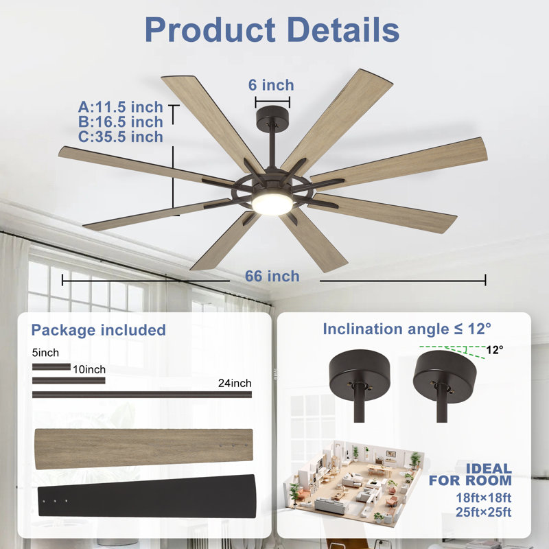 66 inch 8-Blade Ceiling Fan with LED Light Remote App Control Reversible Two-tone Fan Blades Black & Light Wood Grain, 66"