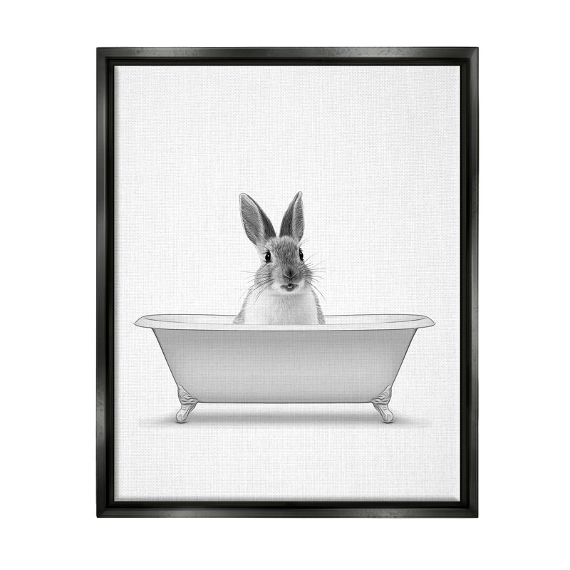 «Bunny Peeking Bathaign Pet» par Annalisa Latella, Cadre flottant noir de jais, H 21 po x l 17 po x P 1,7 po