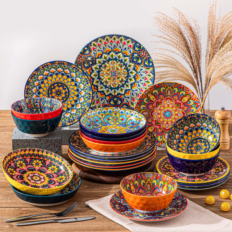 Service de table 24 pièces en céramique 24 pièces, service complet pour 6,6 motifs uniques, assiettes artistiques, bols et tasses, ensemble de divertissement