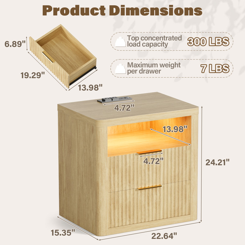 Table de bout avec rangement intelligent avec éclairage ambiant et ports de charge, table d'appoint de luxe moderne, Beige, 2