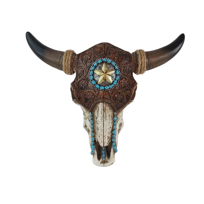 Crâne de taureau en cuir avec incrustation turquoise