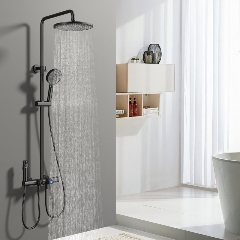 Wall Mounted Four Function Thermostatic Bathroom Shower System Rain Shower Heads, Matte Black