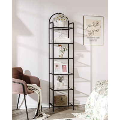 Bookcase Bookshelf, Tempered Glass Bookshelves, Slim Shelving Unit for Bedroom, Bathroom, Home Office, Steel Frame, 6 Tier Black